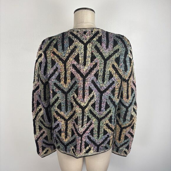 Vtg 90s Y2K South Cotton Womens L Hand Knitted Cardigan Sweater Heavy Y Pattern - Picture 3 of 11